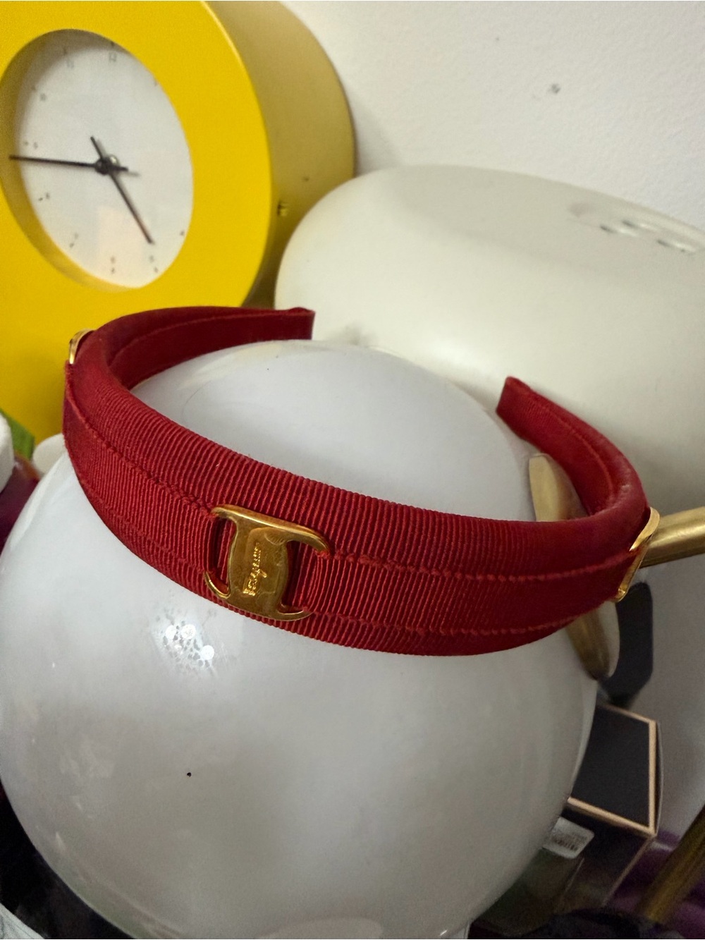 Salvatore Ferragamo Red Grosgrain Headband with Gold Logo Buckle